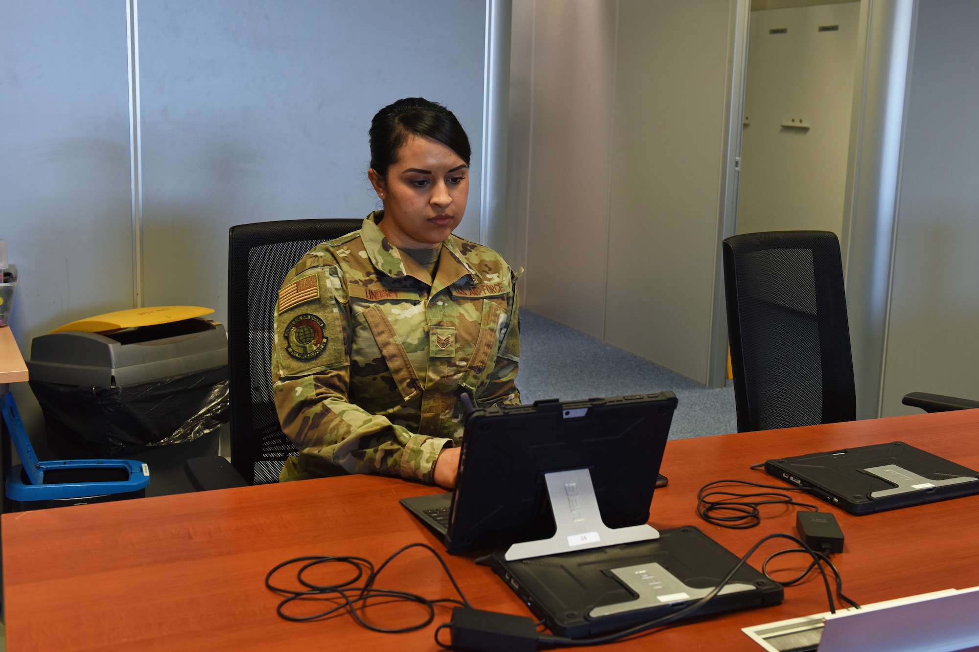 Air Force Staff Sgt. Krystal Lindsey, Tech. Sgt. Adam K. Ginett Airman Leadership School instructor, runs through practice lessons in preparation for a virtual ALS course at Aviano Air Base, Italy, April 9, 2020. A few lessons were modified but students will still be able to meet lesson intent as directed by the Barnes Center Instruction and will still be able to participate in guided discussions. (U.S. Air Force photo by Staff Sgt. Valerie Halbert)