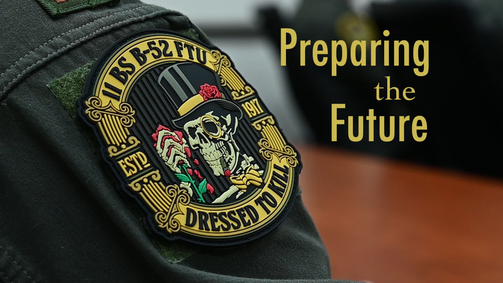 An 11th Bomb Squadron student wears a patch at Barksdale Air Force Base, La., Dec. 4, 2019. The mascot of the 11th BS is Mr. Jiggs and a popular slogan is “Dressed to Kill”. (U.S. Air Force graphic by Airman 1st Class Jacob B. Wrightsman)