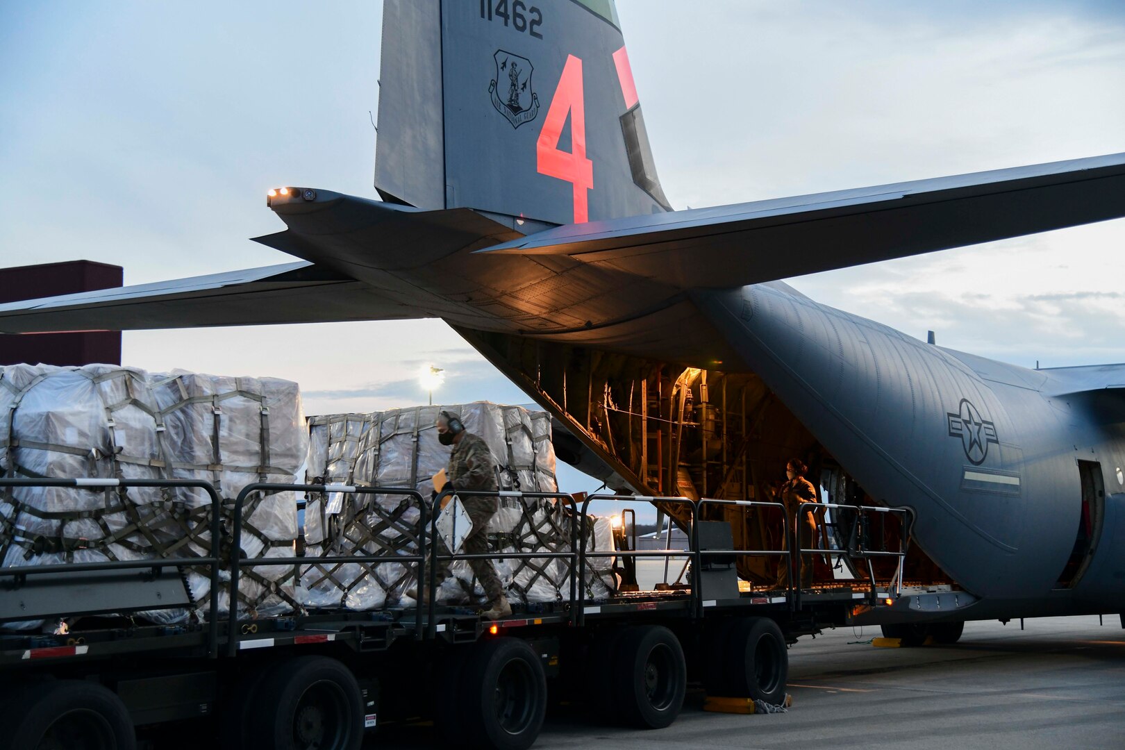 Airmen from the 146th Airlift Wing of the California Air National Guard in Oxnard, Calif., deliver 200 ventilators to the New York Air National Guard's  105th Airlift wing April 7, 2020, at Stewart Air National Guard Base, Newburgh, N.Y. The Cal Guard helped deliver 200 ventilators for use in New York and New Jersey, and 200 to Illinois for COVID-19 patients.