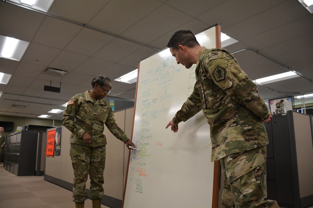 Two Army officers point to a notation on a vertical whiteboard.