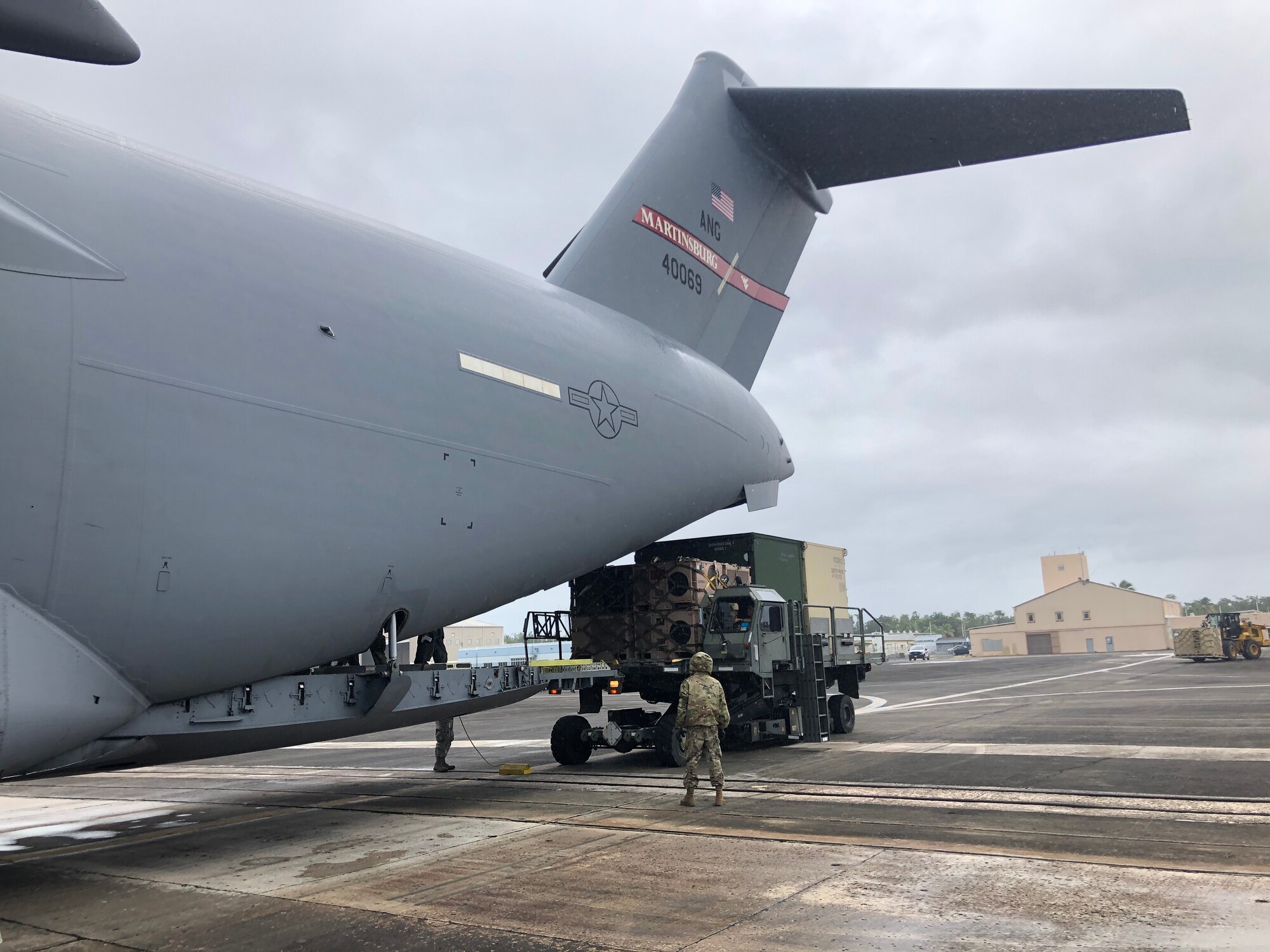 Disaster Relief Bed-Down Sets are loaded on to a C-17 Globemaster III aircraft at the 156th Airlift Wing, Puerto Rico Air National Guard unit, March 24, 2017. The wing flew two C-17’s to Puerto Rico to load and transport two DRBS’s to the 200th RED HORSE Squadron in Mansfield, Ohio. The DRBS’s were deployed to Puerto Rico after an earthquake there in January.