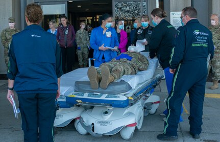 Indiana National Guard soldiers and medical professionals from Ascension St. Vincent Hospital collaborated to conduct a training rehearsal at Ascension St. Vincent Hospital in Indianapolis, April 9, 2020 as part of a statewide response to the COVID-19 crisis