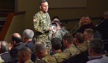 Lt. Gen. Daniel L. Karbler, commanding general, U.S. Army Space and Missile Defense Command, engages with the command’s Redstone Arsenal, Alabama, workforce during a Command Voice Feb. 24 before COVID-19 forced most employees to begin teleworking. (U.S. Army photo by Ronald Bailey)