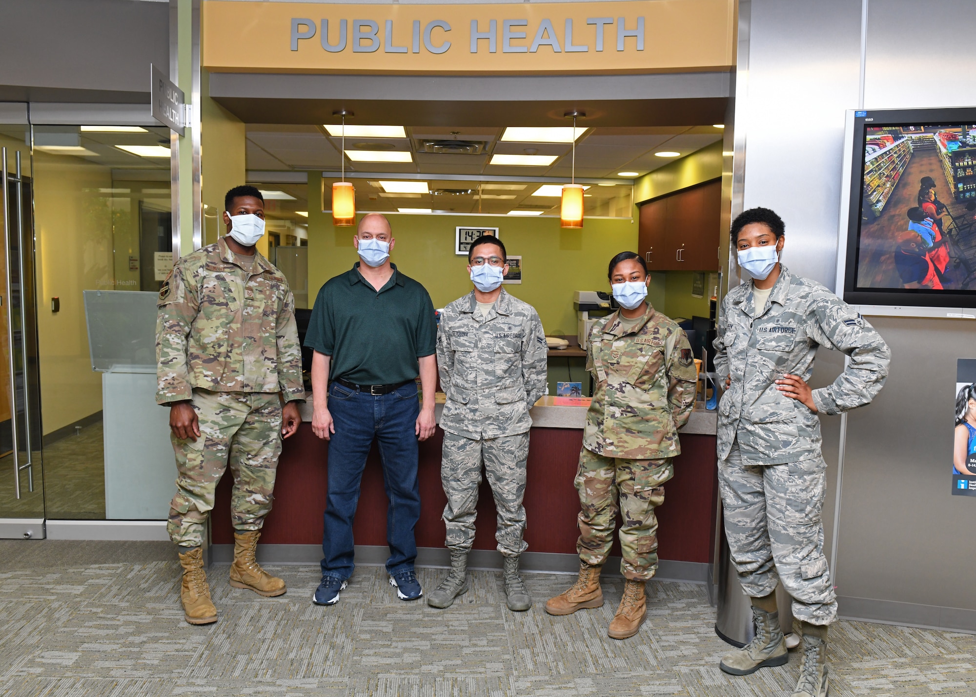 Public health technicians from the 9th Operational Medical Readiness Squadron public health office, pose for a picture at the clinic in Beale Air Force Base, California, April 8, 2020. These Airmen help keep Recce Town safe through education and prevention. (U.S. Air Force photo by Airman 1st Class Luis A. Ruiz-Vazquez)