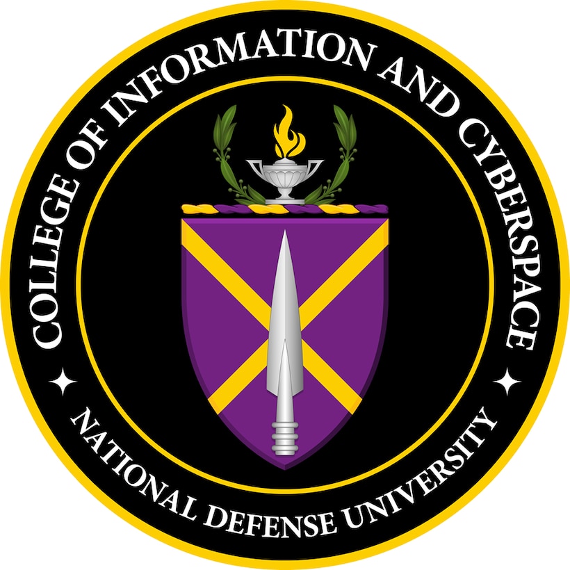 A circular logo shows a spearhead over the top of a purple shield. Atop the shield is an oil lamp and a wreath. Words around the shield say “College of Information and Cyberspace -- National Defense University.”