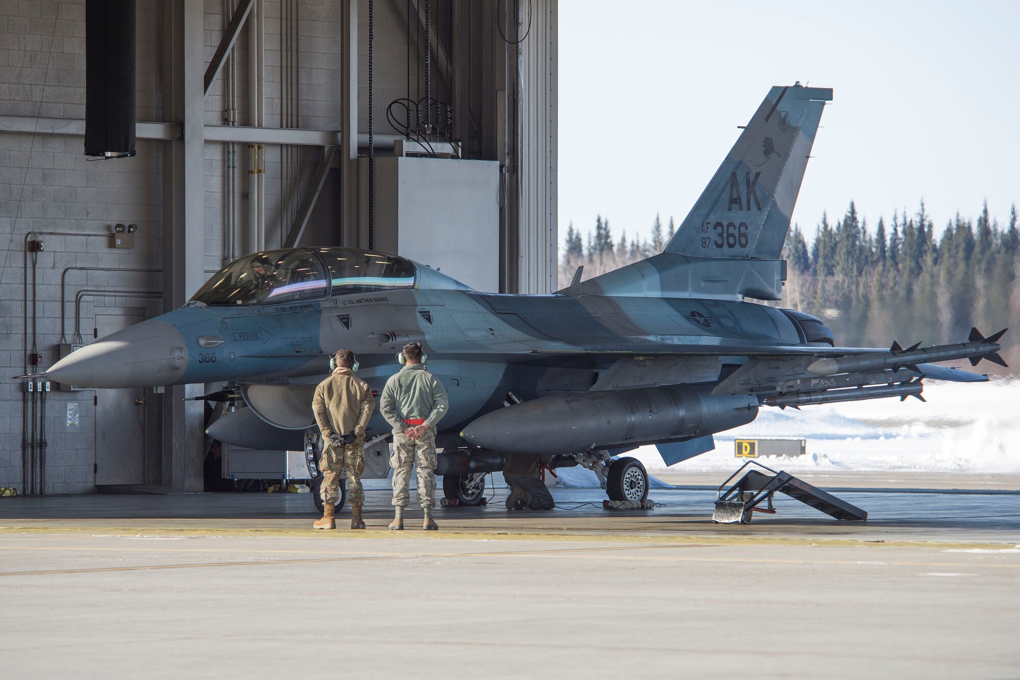 Maj. Lloyd Wright, a pilot assigned to the 18th Aggressor Squadron (AGRS), prepares for takeoff on Eielson Air Force Base, Alaska, April 9, 2020. The 18th AGRS mission is to know, teach, and replicate near-peer adversary threats in order to provide realistic training to other pilots and prepare them for combat. (U.S. Air Force photo by Staff Sgt. Zade Vadnais)