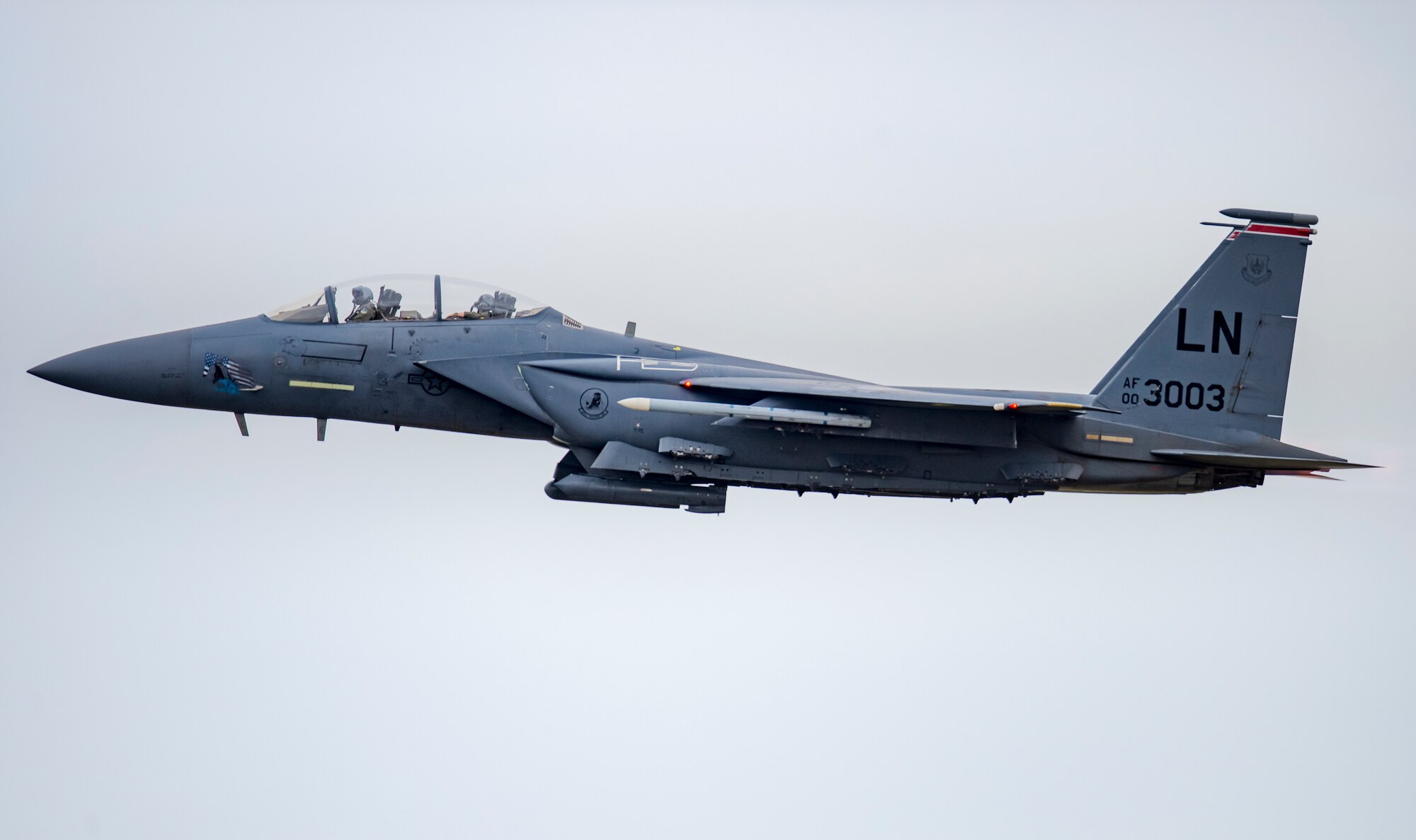 An F-15E Strike Eagle launches for a training sortie