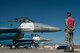 An Airman stands on front of a row of F-16 Fighting Falcon fighter jets.