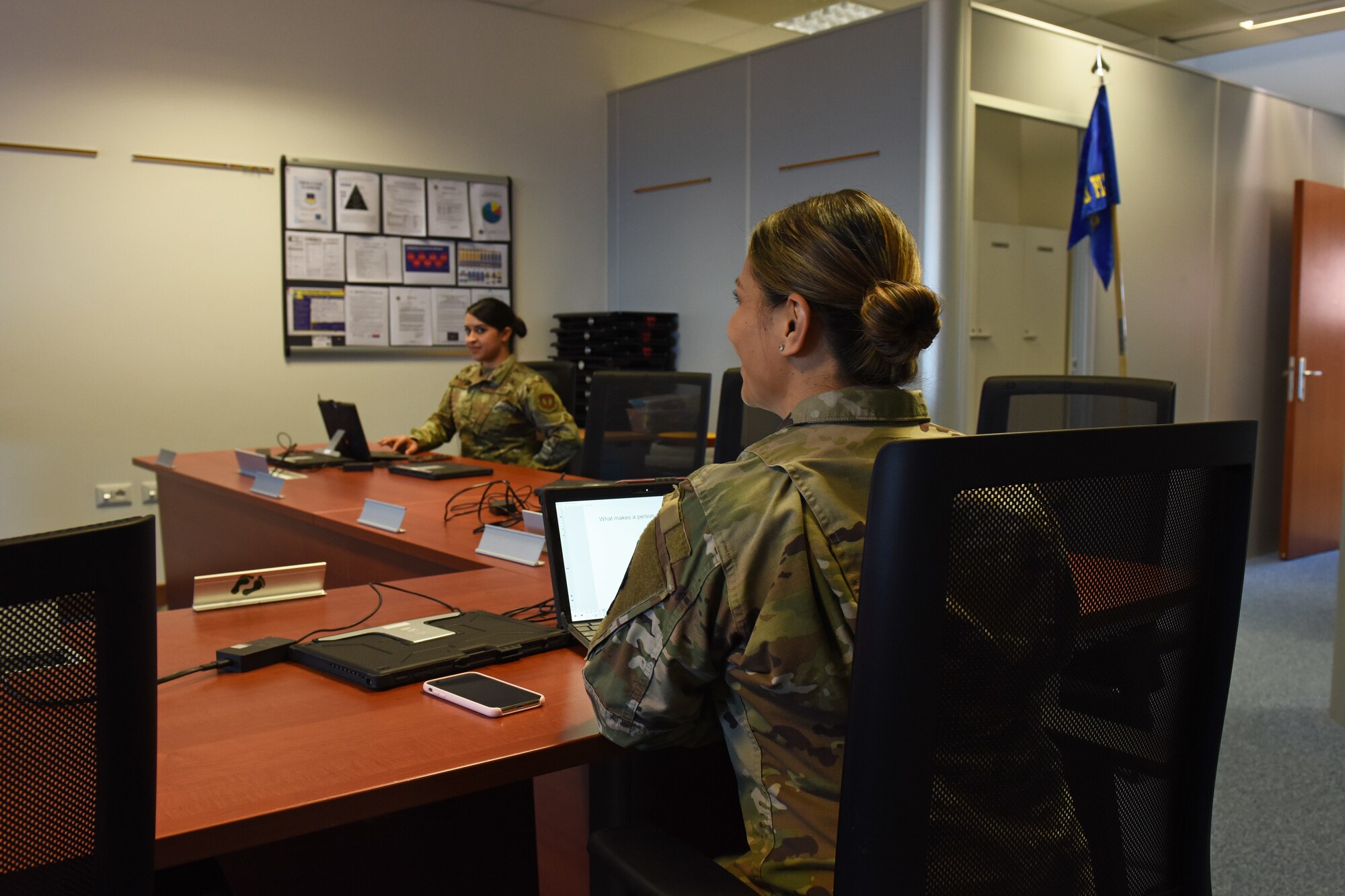 Tech. Sgt. Adam K. Ginett Airman Leadership School staff run through practice lessons in preparation for a virtual ALS course at Aviano Air Base, Italy, April 9, 2020. The ALS staff has turned to virtual options in response to COVID-19 and will be the first virtual ALS course throughout the Air Force. (U.S. Air Force photo by Staff Sgt. Valerie Halbert)