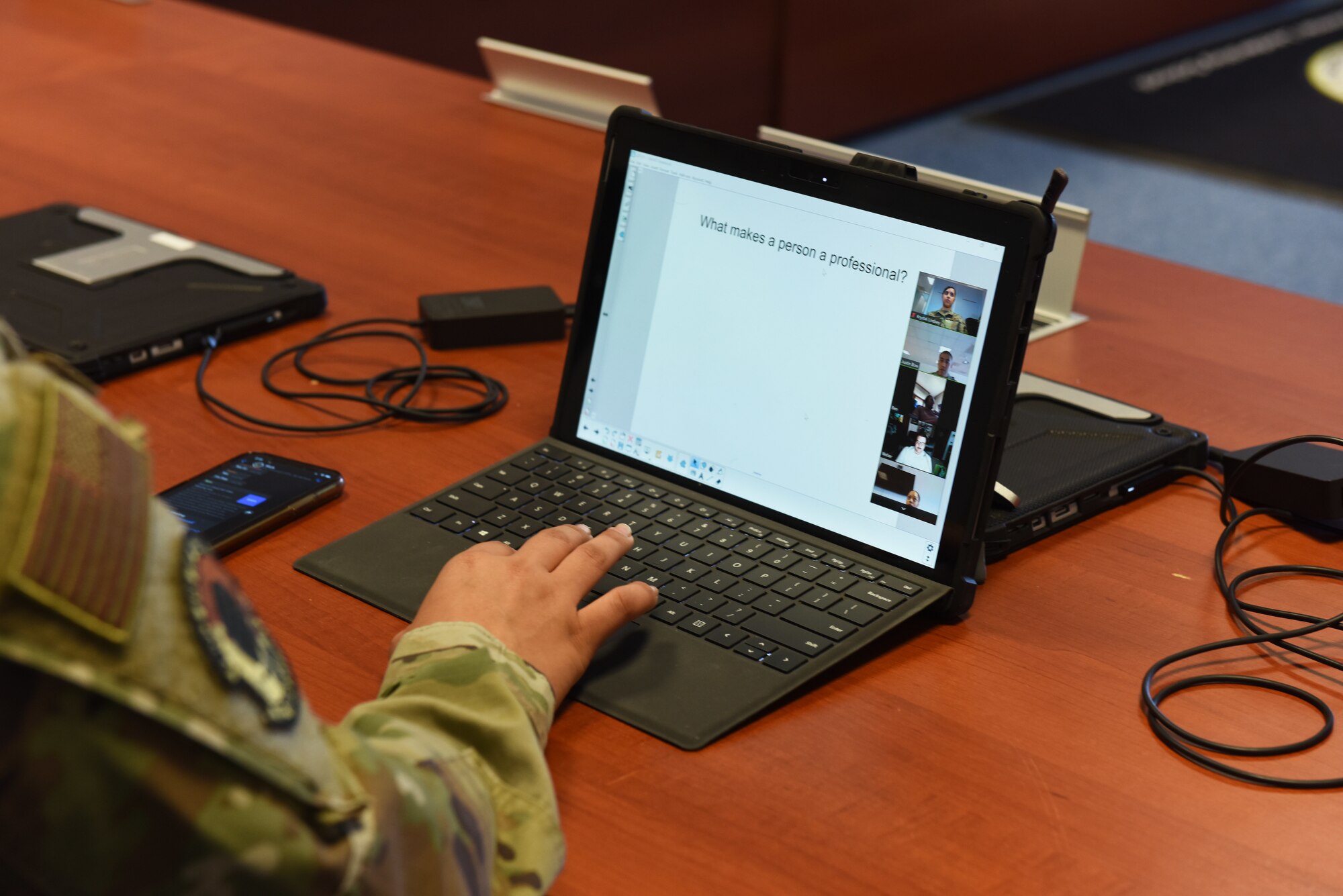 Air Force Staff Sgt. Krystal Lindsey, Tech. Sgt. Adam K. Ginett Airman Leadership School instructor, runs through practice lessons in preparation for a virtual ALS course at Aviano Air Base, Italy, April 9, 2020. A few lessons were modified but students will still be able to meet lesson intent as directed by the Barnes Center Instruction and will still be able to participate in guided discussions. (U.S. Air Force photo by Staff Sgt. Valerie Halbert)