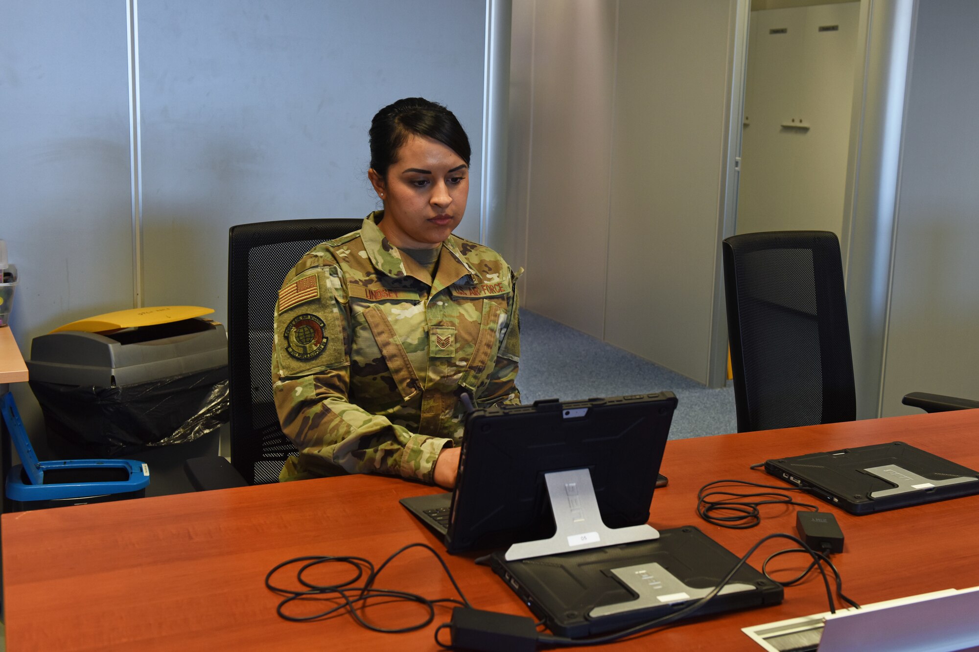 Air Force Staff Sgt. Krystal Lindsey, Tech. Sgt. Adam K. Ginett Airman Leadership School instructor, runs through practice lessons in preparation for a virtual ALS course at Aviano Air Base, Italy, April 9, 2020. A few lessons were modified but students will still be able to meet lesson intent as directed by the Barnes Center Instruction and will still be able to participate in guided discussions. (U.S. Air Force photo by Staff Sgt. Valerie Halbert)
