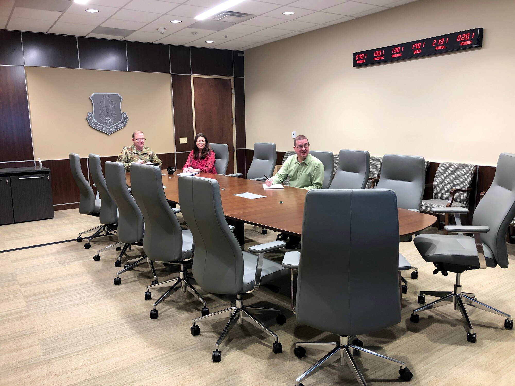 Left to right, Lt. Gen. Richard Scobee, Air Force Reserve Command commander, his wife, Janis, and Jim Woodyard, from AFRC's Manpower, Personnel and Services Directorate, participate in the quarterly meeting of AFRC’s Community Action Board