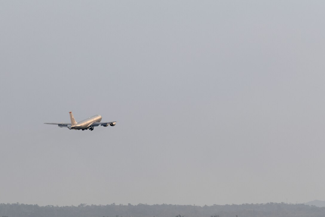 A U.S. Air Force KC-135 Stratotanker, assigned to the 909th Air Refueling Squadron, takes off April 9, 2020, at Kadena Air Base, Japan. Team Kadena is postured to protect its forces against COVID-19 while also maintaining mission readiness in support of the U.S.-Japan Alliance. The 909th ARS conducts aerial refueling missions throughout the region ensuring a free and open Indo-Pacific. (U.S. Air Force photo by Airman 1st Class Rebeckah Medeiros)