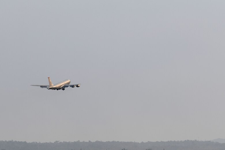 A U.S. Air Force KC-135 Stratotanker, assigned to the 909th Air Refueling Squadron, takes off April 9, 2020, at Kadena Air Base, Japan. Team Kadena is postured to protect its forces against COVID-19 while also maintaining mission readiness in support of the U.S.-Japan Alliance. The 909th ARS conducts aerial refueling missions throughout the region ensuring a free and open Indo-Pacific. (U.S. Air Force photo by Airman 1st Class Rebeckah Medeiros)