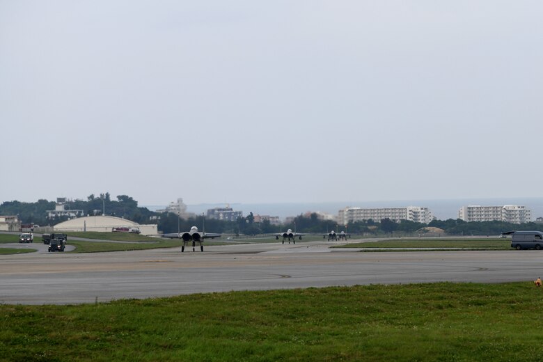 An F-15C Eagle takes off from Kadena Air Base, Japan, Apr. 9, 2020. The F-15C Eagle is a maneuverable, tactical fighter designed to gain and maintain air supremacy over the battlefield. In order to ensure mission success, the Airmen of Team Kadena continuously rise to meet mission requirements and ensure air superiority. (U.S. Air Force photo by Airman 1st Class Rebeckah Medeiros)
