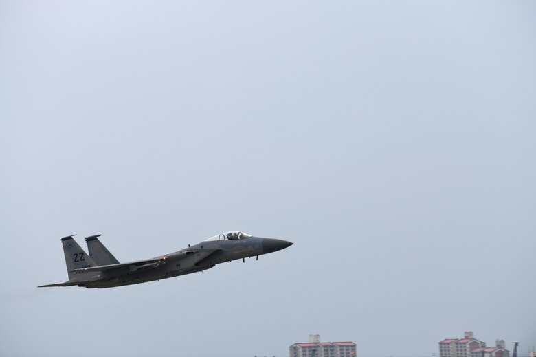 An F-15C Eagle takes off from Kadena Air Base, Japan, Apr. 9, 2020. The F-15C Eagle is a maneuverable, tactical fighter designed to gain and maintain air supremacy over the battlefield. In order to ensure mission success, the Airmen of Team Kadena continuously rise to meet mission requirements and ensure air superiority. (U.S. Air Force photo by Airman 1st Class Rebeckah Medeiros)