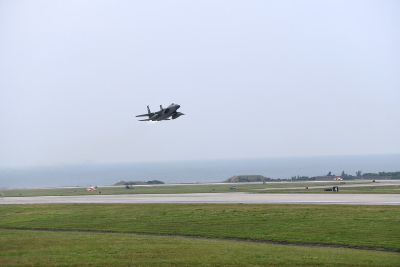 An F-15C Eagle takes off from Kadena Air Base, Japan, Apr. 9, 2020. The F-15C Eagle is a maneuverable, tactical fighter designed to gain and maintain air supremacy over the battlefield. In order to ensure mission success, the Airmen of Team Kadena continuously rise to meet mission requirements and ensure air superiority. (U.S. Air Force photo by Airman 1st Class Rebeckah Medeiros)