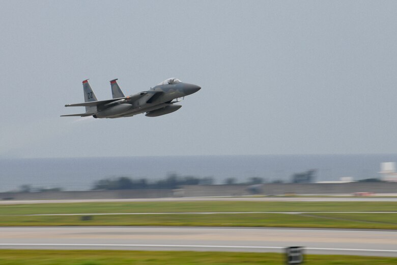 An F-15C Eagle takes off from Kadena Air Base, Japan, Apr. 9, 2020. The F-15C Eagle is a maneuverable, tactical fighter designed to gain and maintain air supremacy over the battlefield. In order to ensure mission success, the Airmen of Team Kadena continuously rise to meet mission requirements and ensure air superiority. (U.S. Air Force photo by Staff Sgt. Kristan Campbell)