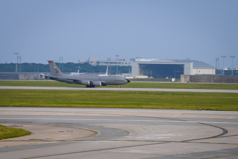 A U.S. Air Force KC-135 Stratotanker, assigned to the 909th Air Refueling Squadron, takes off April 9, 2020, at Kadena Air Base, Japan. Team Kadena is postured to protect its forces against COVID-19 while also maintaining mission readiness in support of the U.S.-Japan Alliance. The 909th ARS conducts aerial refueling missions throughout the region ensuring a free and open Indo-Pacific. (U.S. Air Force photo by Staff Sgt. Kristan Campbell)