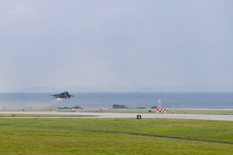 An F-15C Eagle takes off from Kadena Air Base, Japan, Apr. 9, 2020. The F-15C Eagle is a maneuverable, tactical fighter designed to gain and maintain air supremacy over the battlefield. In order to ensure mission success, the Airmen of Team Kadena continuously rise to meet mission requirements and ensure air superiority. (U.S. Air Force photo by Staff Sgt. Kristan Campbell)