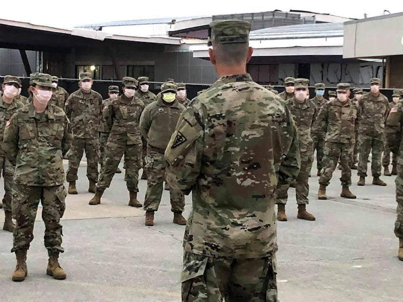 Maj. Gen. Joe Robinson, Commanding General, 3d Medical Command (Deployment Support) addresses Soldiers from the 5th Med. Bde. prior to their mobilization.