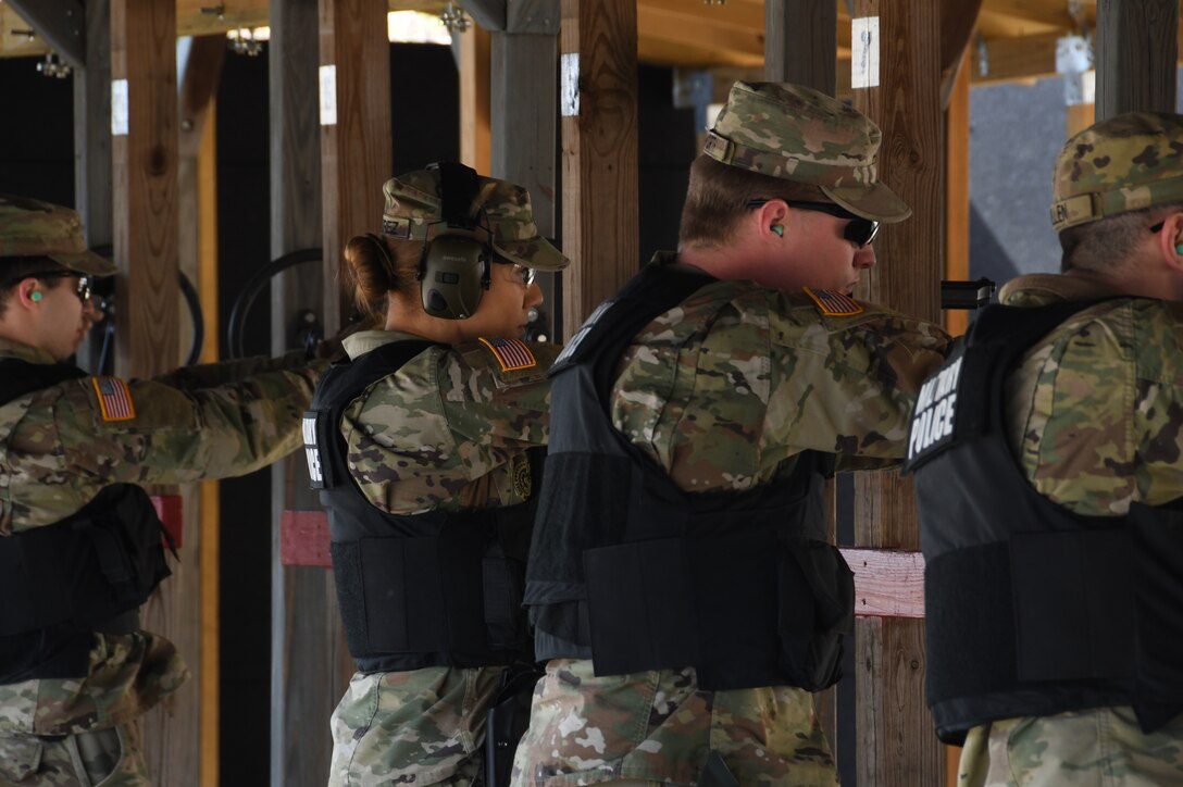 The 104th Fighter Wing Combat Arms Training and Maintenance Instructors ensure Infantrymen from 1st Battalion, 182nd Infantry Regiment, Bravo Company are currently qualified on the M9 pistol. The Massachusetts National Guard Infantrymen are activated in response to COVID-19 to ensure there is enough manpower available to safeguard the 104th Fighter Wing assets and personnel. These precautions are being taken to mitigate any manning shortages that may occur due to unforeseen illness and will allow back up for the wing’s Security Forces. During the pandemic, the infantrymen will be working alongside the 104th Security Forces to reinforce security for the 104th Fighter Wing F-15 homeland defense flying mission to maintain air superiority.(U.S. Air National Guard Photo by Senior Master Sgt. Julie Avey)