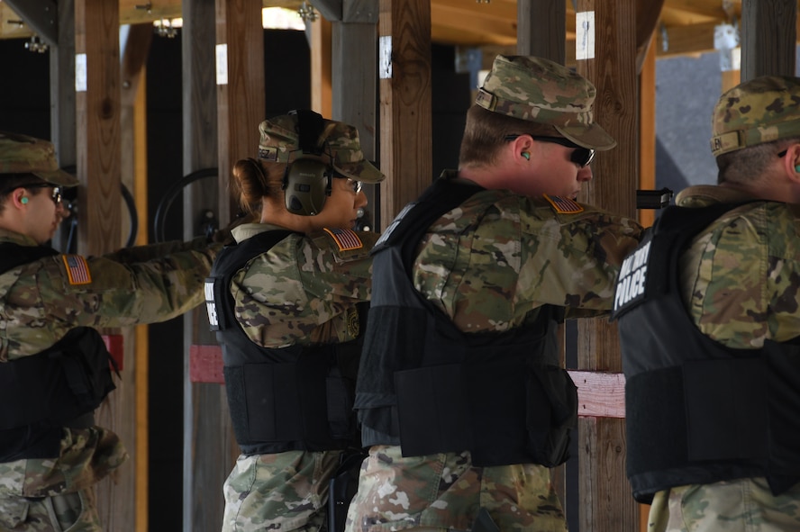 The 104th Fighter Wing Combat Arms Training and Maintenance Instructors ensure Infantrymen from 1st Battalion, 182nd Infantry Regiment, Bravo Company are currently qualified on the M9 pistol. The Massachusetts National Guard Infantrymen are activated in response to COVID-19 to ensure there is enough manpower available to safeguard the 104th Fighter Wing assets and personnel. These precautions are being taken to mitigate any manning shortages that may occur due to unforeseen illness and will allow back up for the wing’s Security Forces. During the pandemic, the infantrymen will be working alongside the 104th Security Forces to reinforce security for the 104th Fighter Wing F-15 homeland defense flying mission to maintain air superiority.(U.S. Air National Guard Photo by Senior Master Sgt. Julie Avey)