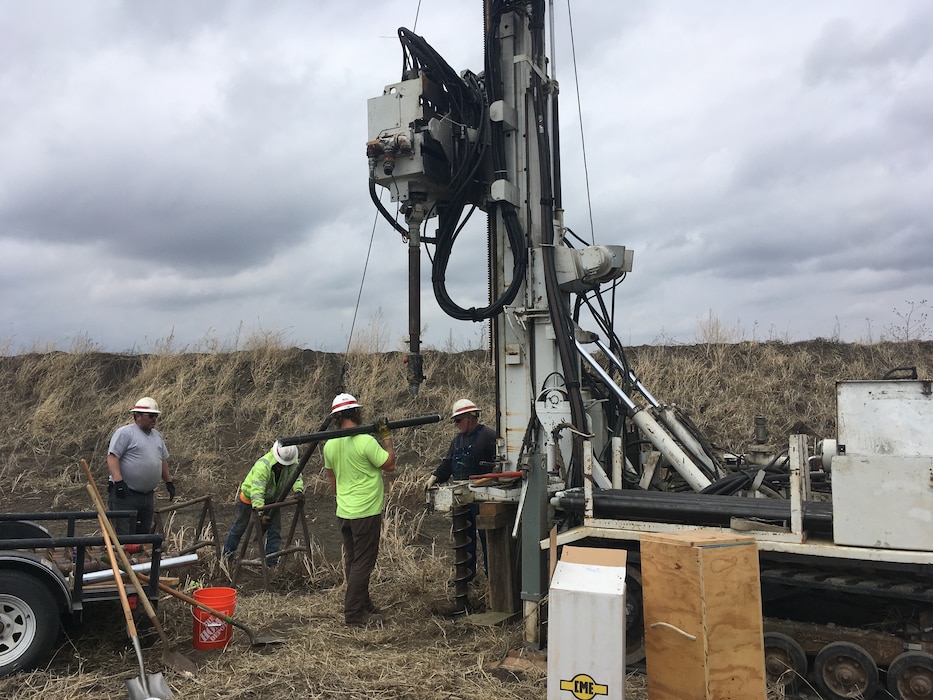 Drill crews arrive on-site at the Hamburg levee on April 6, 2020 to begin geotechnical investigations. The information gathered by the drill crew will be used to complete the levee repair design.