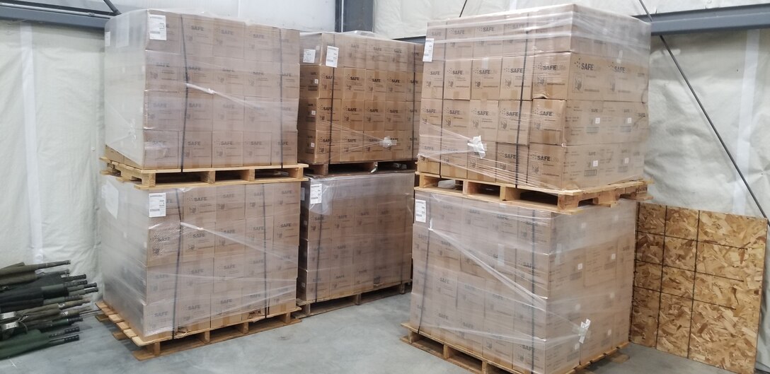 Pallets of N95 masks await use at U.S. Transportation Command’s Patient Movement Item Center after joint efforts by the Defense Security Cooperation Agency, the Defense Logistics Agency and TRANSCOM.