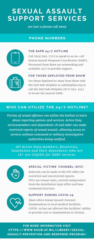 Sexual Assault Support Services are available 24/7, call (803) 895-7272 to speak to an on-call Sexual Assault Response Coordinator.