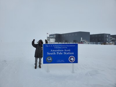 Maj. Esther Lee, a chaplain assigned to the 158th Fighter Wing, Vermont Air National Guard, poses for a photo as she supports the Amundsen-Scott station, Antarctica, Feb. 6, 2020. The National Science Foundation runs the station, located at the Geographic South Pole, and relies on the 109th Airlift Wing, New York Air National Guard, as the sole supplier of airlift within Operation Deep Freeze, a six-month deployment to the arctic.