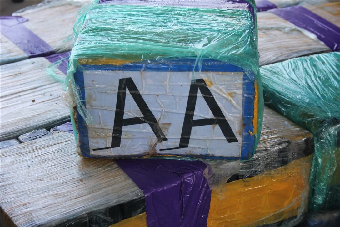 Several bales of cocaine are shown aboard the Coast Guard Cutter Mohawk (WMEC-913) following an interdiction from the fishing boat, Amanda M, April 9, 2020.