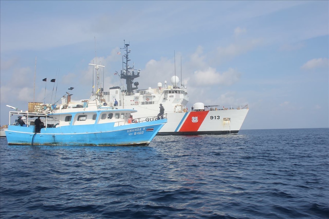 Coast Guard Cutter Mohawk (WMEC-913) members conduct a boarding of the Amanda M fishing vessel in the Eastern Pacific Ocean off the coast of Central America, April 9, 2020. During the boarding, the crew discovered several false compartmen