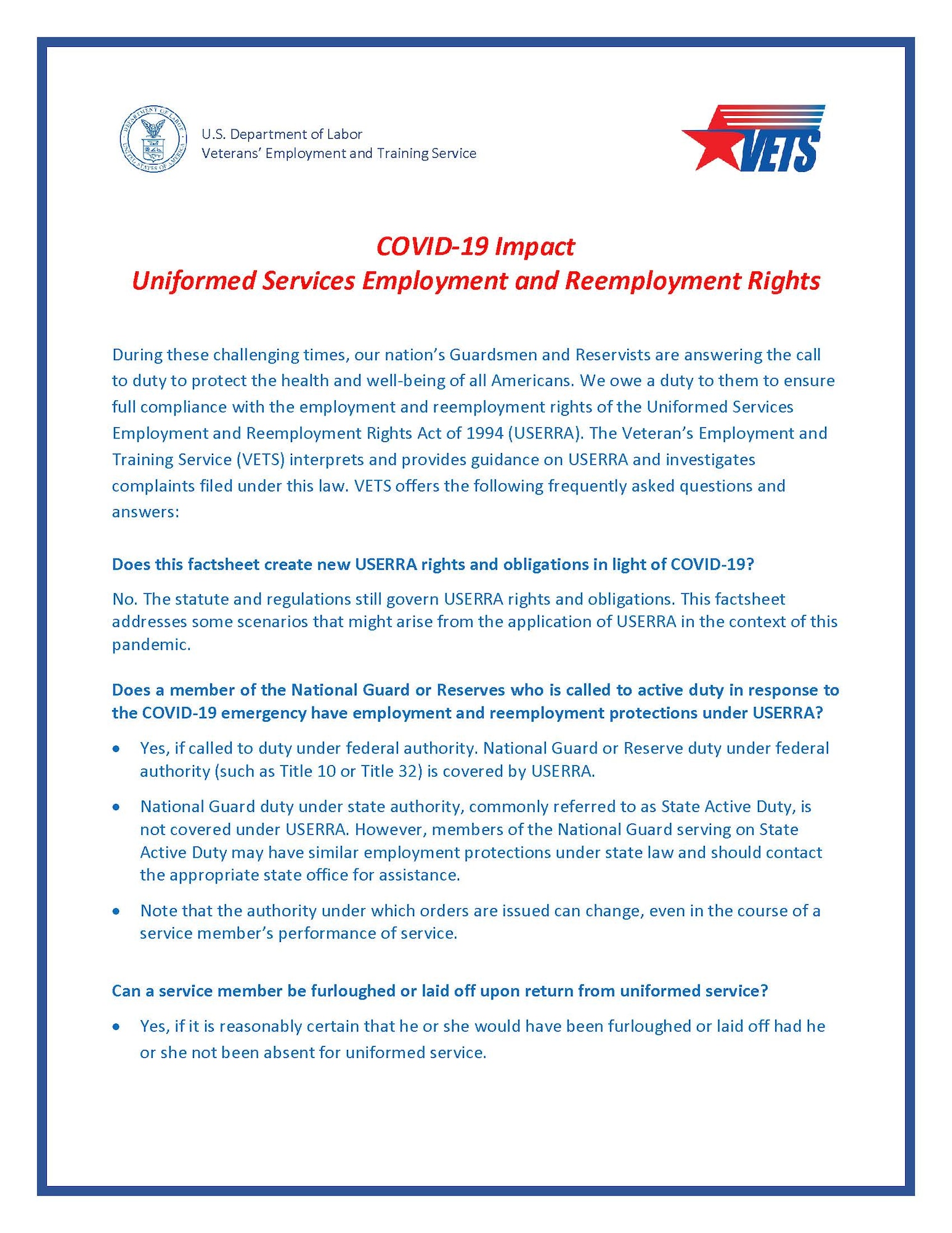USERRA rights and obligations factsheets