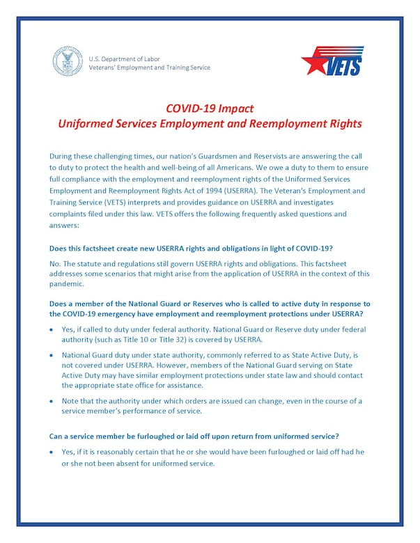 COVID19 Impact Uniformed Services Employment and Reemployment Rights