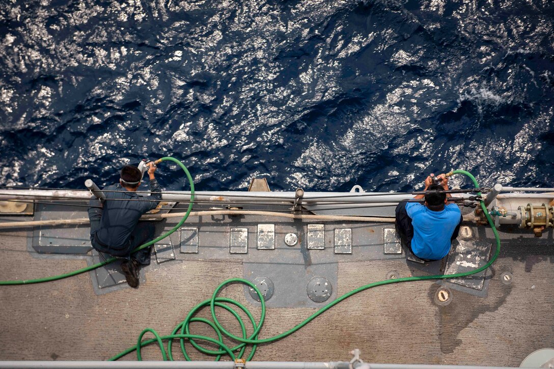 Two sailors work on the side of a ship.