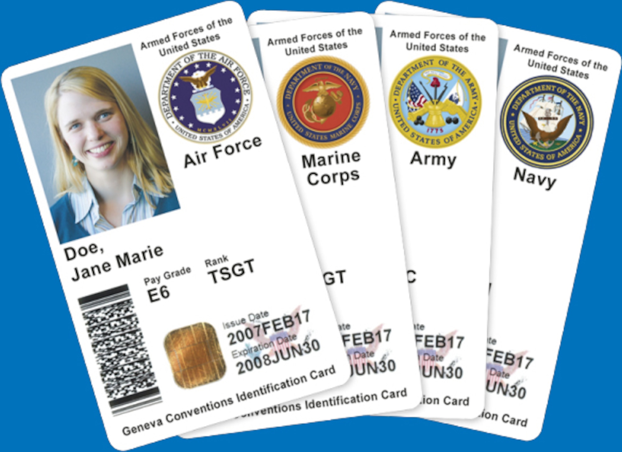 4 common access cards arranged upon a blue background showing the 4 service branches at the top right of each card.