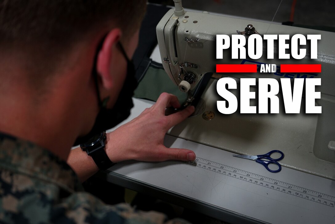 Cpl. Hugh Laedlein sews a mask to support personnel working amid COVID-19 on Camp Foster, Okinawa, Japan, April 8, 2020. Parachute riggers with 3rd Air Delivery Platoon used their sewing skills to assemble masks to help stop the spread of COVID-19. In line with the Centers for Disease Control and Prevention guidance, 3rd Marine Logistics Group Marines and Sailors are required to wear a face covering while outside their residence to stay healthy and remain ready for any mission anytime. Laedlein, a parachute rigger with 3rd Air Delivery Platoon, Landing Support Company, 3rd Transportation Battalion, Combat Logistic Regiment 3, 3rd Marine Logistics Group, is a native of Pensacola, Florida. (U.S. Marine Corps photo by Cpl. Jamin M. Powell)