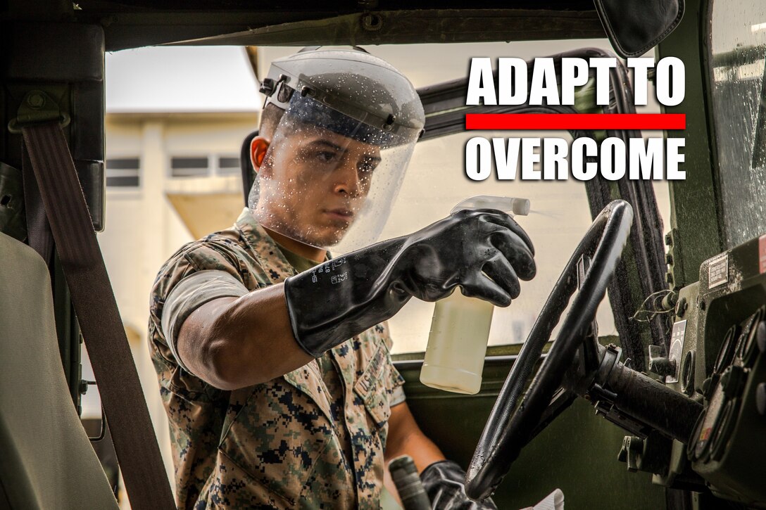U.S. Marine Corps Lance Cpl. Jose R. Figueroa disinfects a High Mobility Multi-Purpose Wheeled Vehicle on Camp Kinser, Okinawa, Japan, March 31, 2020. Marines and Sailors with 3rd Marine Logistics Group remain active in day-to-day operations and training, enforcing social distancing and implementing a rotating shift schedule to remain safe, healthy, and ready to respond during the COVID-19 pandemic. Figueroa, a native of Madera, California, is a motor transport operator with Headquarters Company, Combat Logistics Regiment 37, 3rd MLG. (U.S. Marine Corps photo by Sgt. Hailey D. Clay)