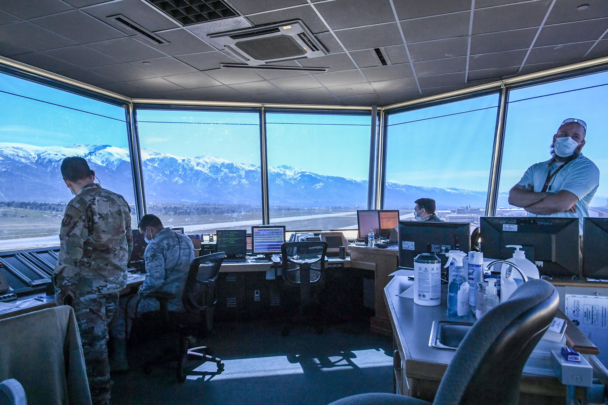 Air traffic controllers working in the tower at Hill Air Force Base.