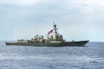 PHILIPPINE SEA (March 23, 2020) The Arleigh Burke-class guided-missile destroyer USS Mustin (DDG 89) transits the Philippine Sea during routine operations. Mustin is forward deployed to the U.S. 7th Fleet area of operations in support of security and stability in the Indo-Pacific region.