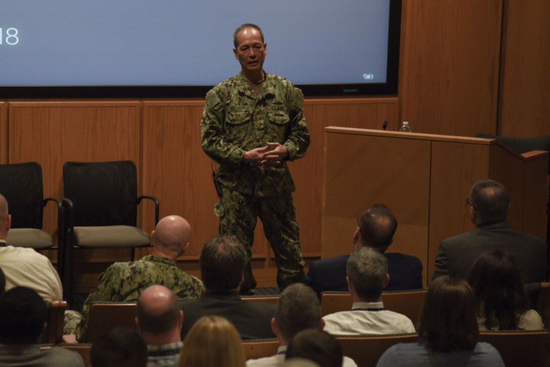 Rear Adm. Huan Nguyen, Deputy Commander, Cyber Engineering, Naval Sea Systems Command, provides keynote remarks during Naval Surface Warfare Center, Philadelphia Division’s annual National Engineers Week celebration, Feb. 18, 2020. Nguyen shared his personal journey from Vietnamese refugee to U.S. Navy flag officer, as well as provided career and leadership advice. (Photo by Petty Officer 1st Class, John Banfield)