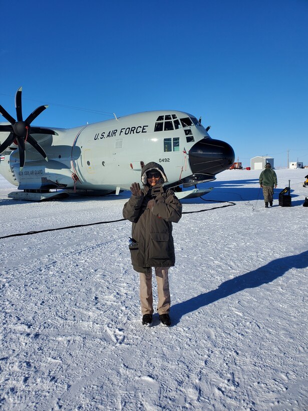 A LC-130 Hercules assigned to the 109th Airlift Wing, New York Air National Guard, sits on an airfield made of snow near the McMurdo Station