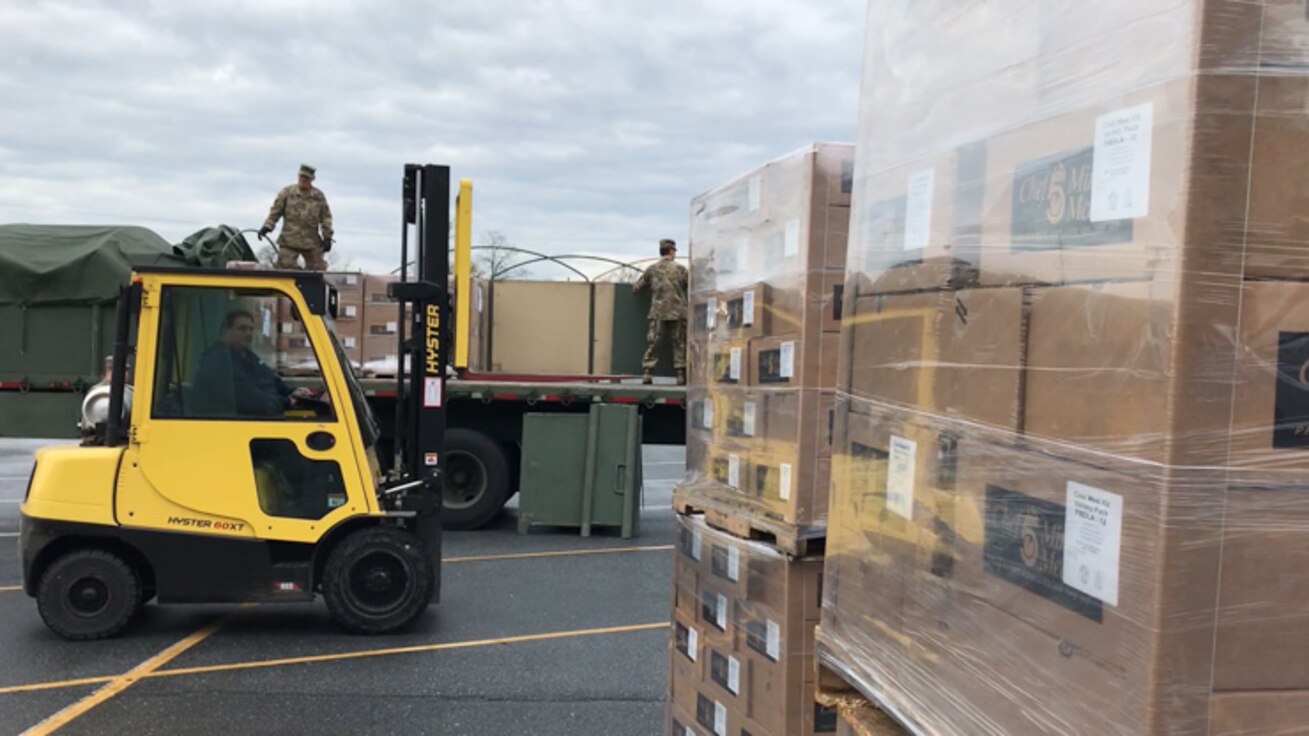 Soldiers from the Pennsylvania National Guard's 213th Regional Support Group work with Pennsylvania Department of Human Services to transport food to distribution centers across the Commonwealth. As of April 15, 2020, the Pennsylvania National Guard has delivered 225,228 meals and travelled over 12,100 miles.