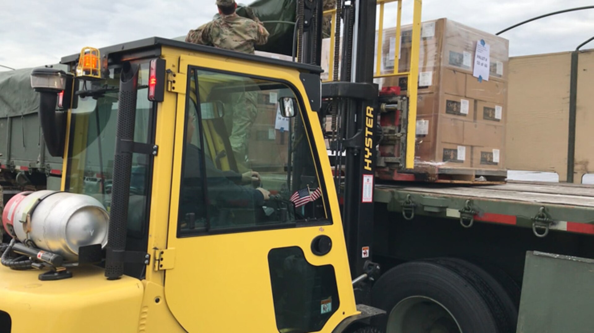 HARRISBURG, Pa. - On April 9, soldiers of the Pennsylvania Army National Guard, 213 Regional Support Group, 228th Transportation Battalion, 131st Transportation Company assist with loading and transporting boxes of self-stable meals throughout the commonwealth. These meals, as many as 25,000 a day, will resupply county emergency management agencies, senior citizen centers, food banks and other charitable organizations.
