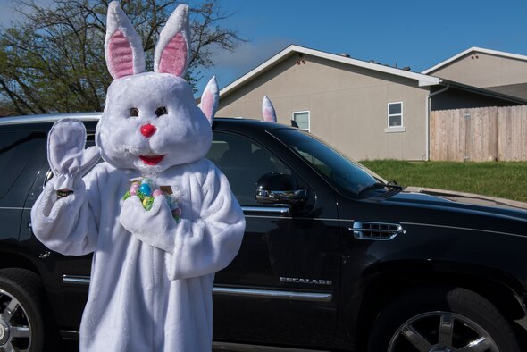 The Easter Bunny prepares to give candy to children from military families with deployed parents April 11, 2020, at Travis Air Force Base, California. The Easter Bunny hand delivered 163 bags of candy to the children’s homes. (U.S. Air Force photo by Airman 1st Class Cameron Otte)