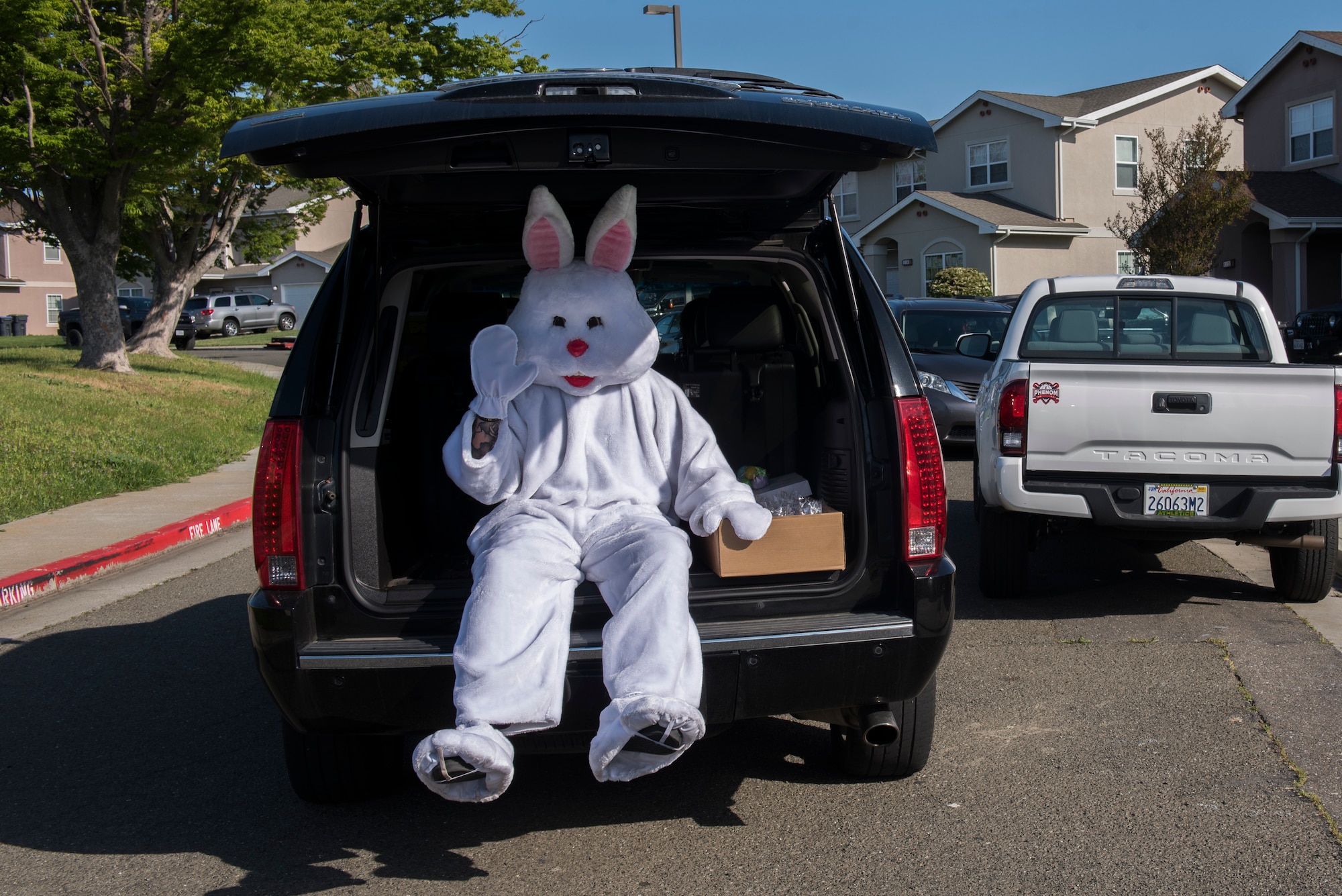 The Easter Bunny sits with a trunk full of goodie bags for children April 11, 2020, at Travis Air Force Base, California.The Easter Bunny hand delivered 163 bags of candy to the children’s homes. (U.S. Air Force photo by Airman 1st Class Cameron Otte)