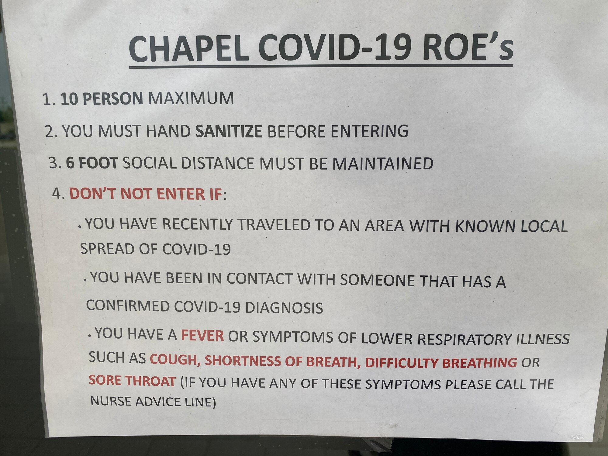 A sign displays the rules in place at the Chapel on Goodfellow Air Force Base, Texas, April 14, 2020. The chapel has continued to operate using safety guidelines recommended by the Center for Disease and Prevention. (U.S. Air Force photo by Senior Airman Seraiah Wolf)