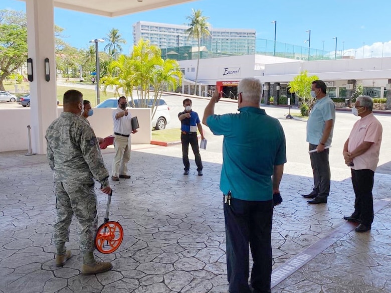 Engineering assessment teams from Naval Facilities Engineering Command (NAVFAC) Marianas and the Guam Air National Guard conduct a walkthrough of a hotel located in Tumon April 13 as part of the Hotel to Healthcare conversion program in support of the U.S. Army Corps of Engineers, and in coordination with the government of Guam.