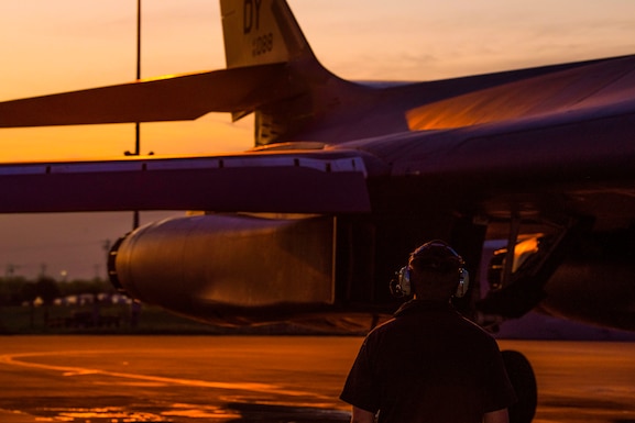 Staff Sgt. Christian Slagle, 9th Aircraft Maintenance Unit dedicated crew chief, completes preflight checks with the B-1B Lancer aircrew at Dyess Air Force Base, Texas, April 10, 2020.